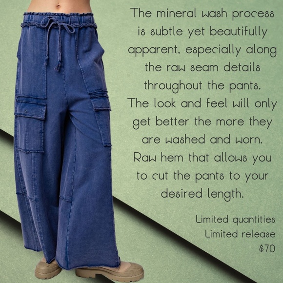 EASEL “Feeling Good Cargos” Mineral Washed Flared Leg, Raw Seams & Hems, Pockets - Picture 10 of 16